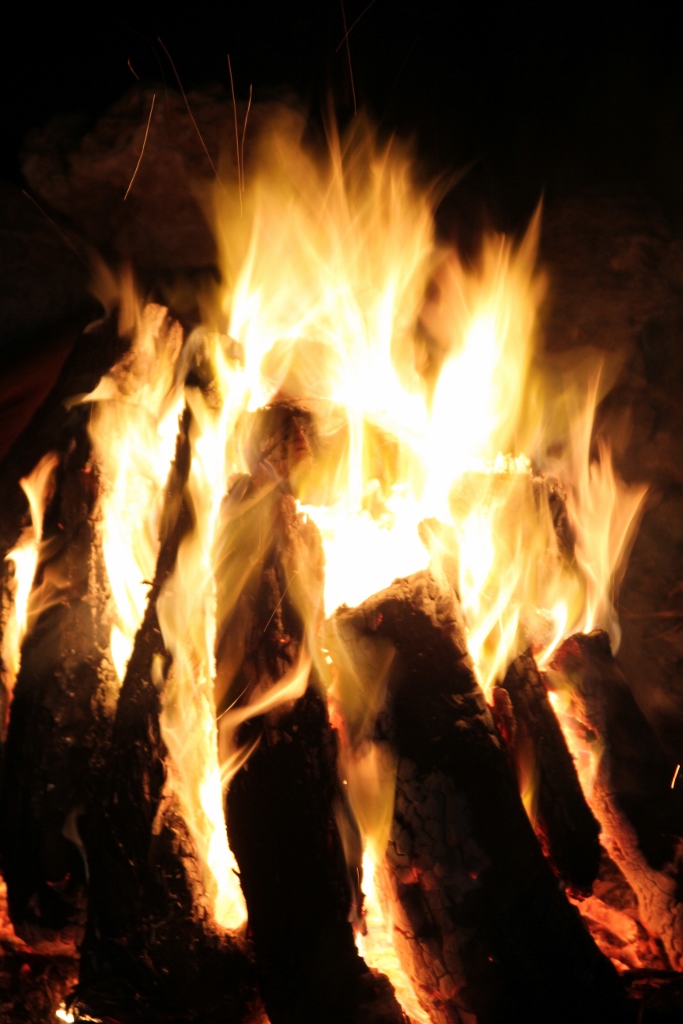 A roaring campfire. 
